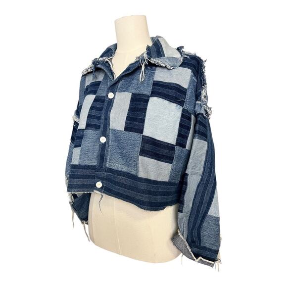 Artisan Upcycled Women’s Jean Jacket Denim Blue Cotton Western Boho M L Cropped - Picture 2 of 9